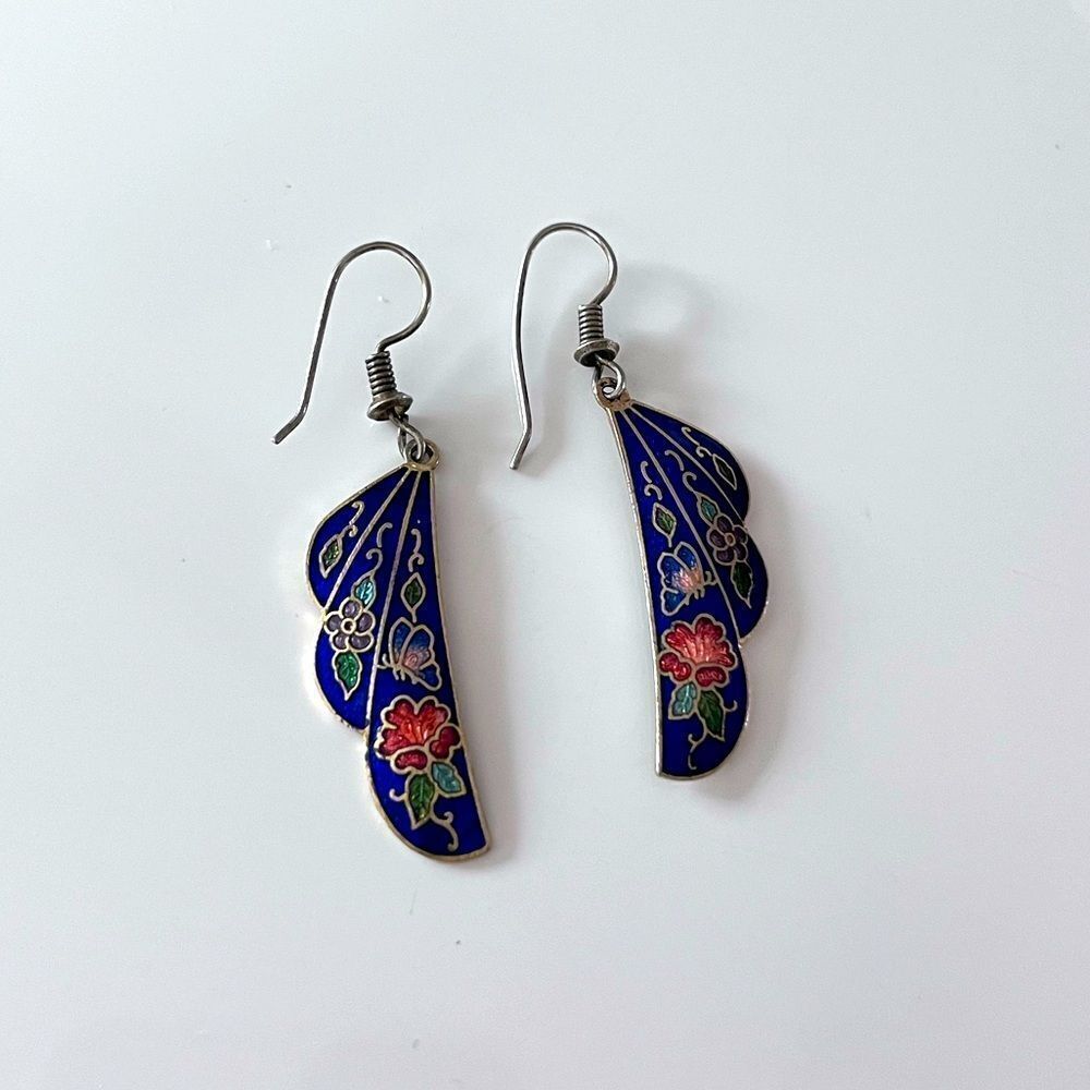 Vintage Cloisonné Butterfly Wing Dangle Earrings